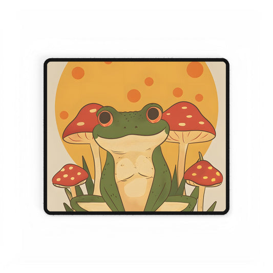 Retro Frog's Sunny Mushroom Meetup: Whimsical Artwork - Desk Mat