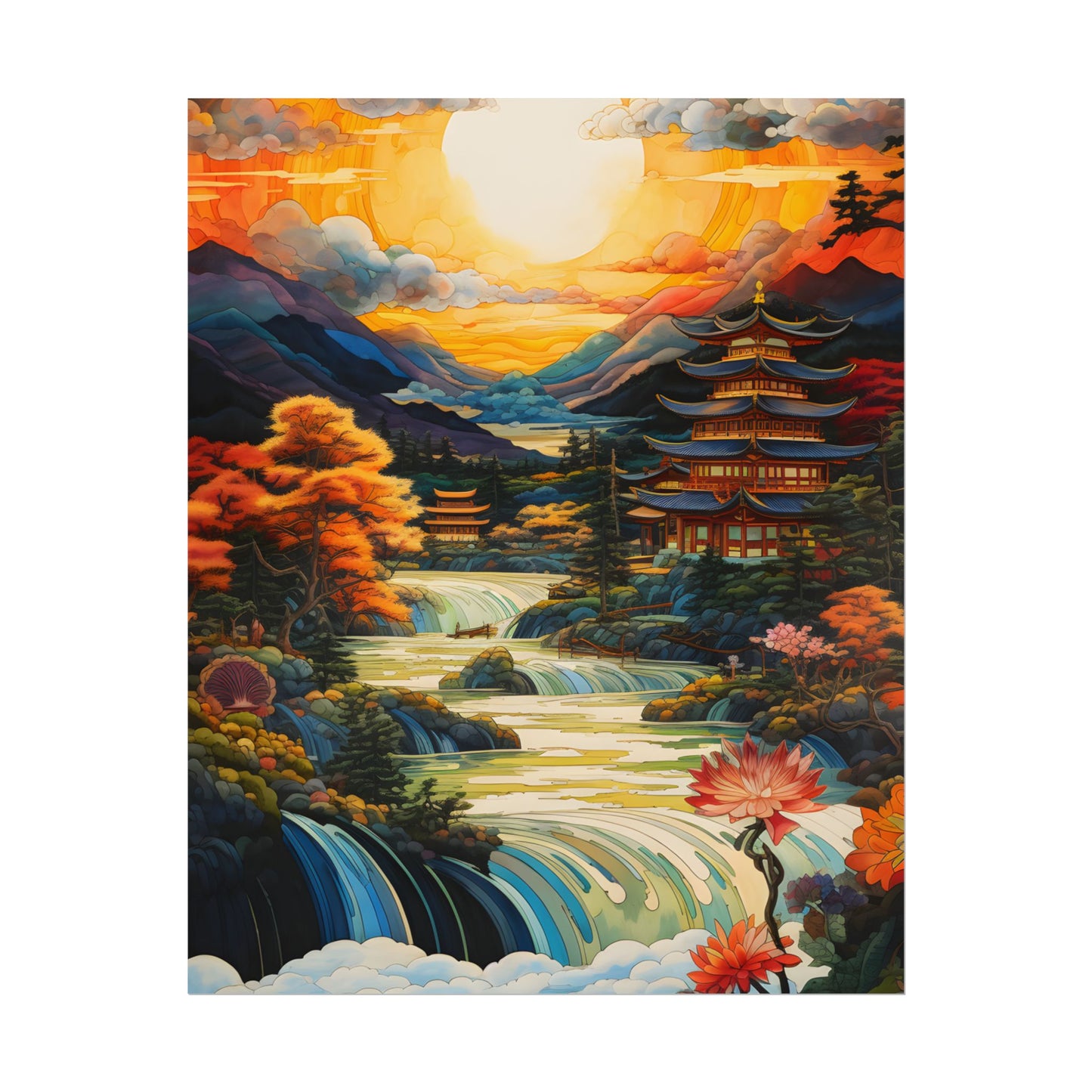 Peaceful Japanese River Landscape with Flowers: Serene Artwork - Poster