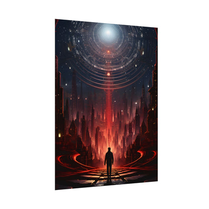 Futuristic Cityscape: Neon Sky Meets Nature's Harmony - Poster