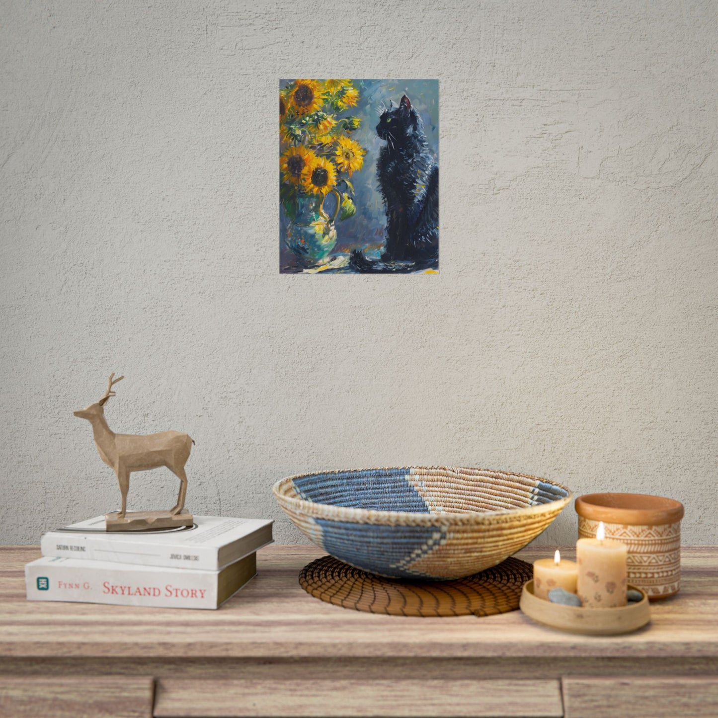 Whimsical Black Cat by Sunflowers: Serene Garden Art - Poster