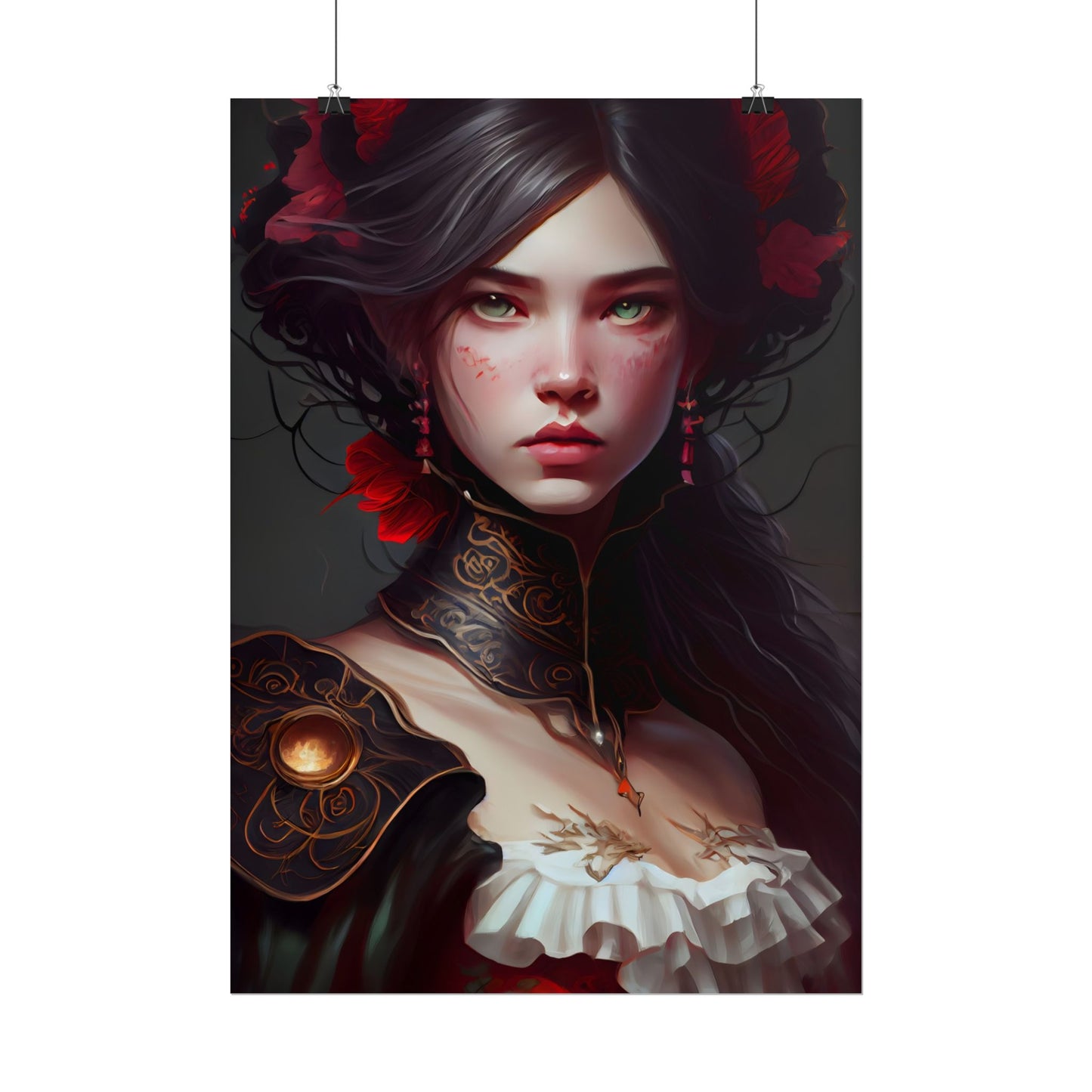 Elegant Black Hair Portrait in White Dress - Poster