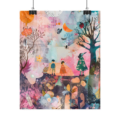 Colorful Whimsy: Blue Fish, Yellow Bird, Pink Cat Art Collage - Poster