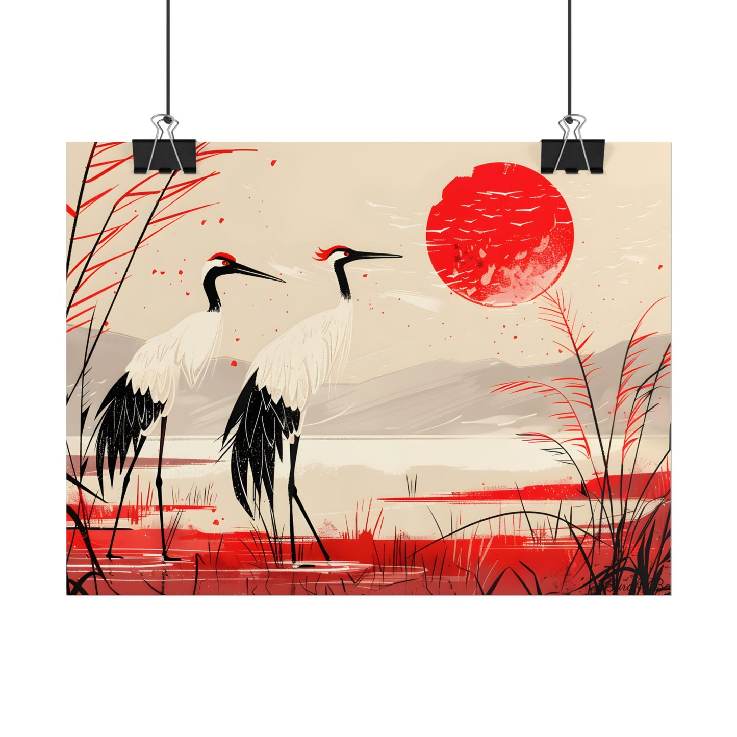 Peaceful Cranes in Serene Nature: Landscape Artwork - Poster