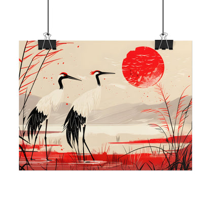 Peaceful Cranes in Serene Nature: Landscape Artwork - Poster