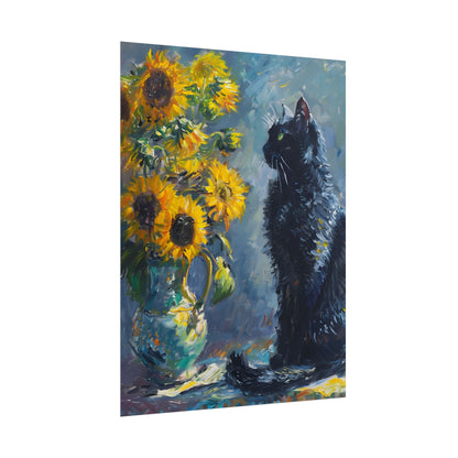 Whimsical Black Cat by Sunflowers: Serene Garden Art - Poster