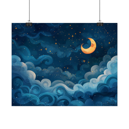 Surreal Night Sky Dreamscape: Whimsical Stars and Clouds Art - Poster