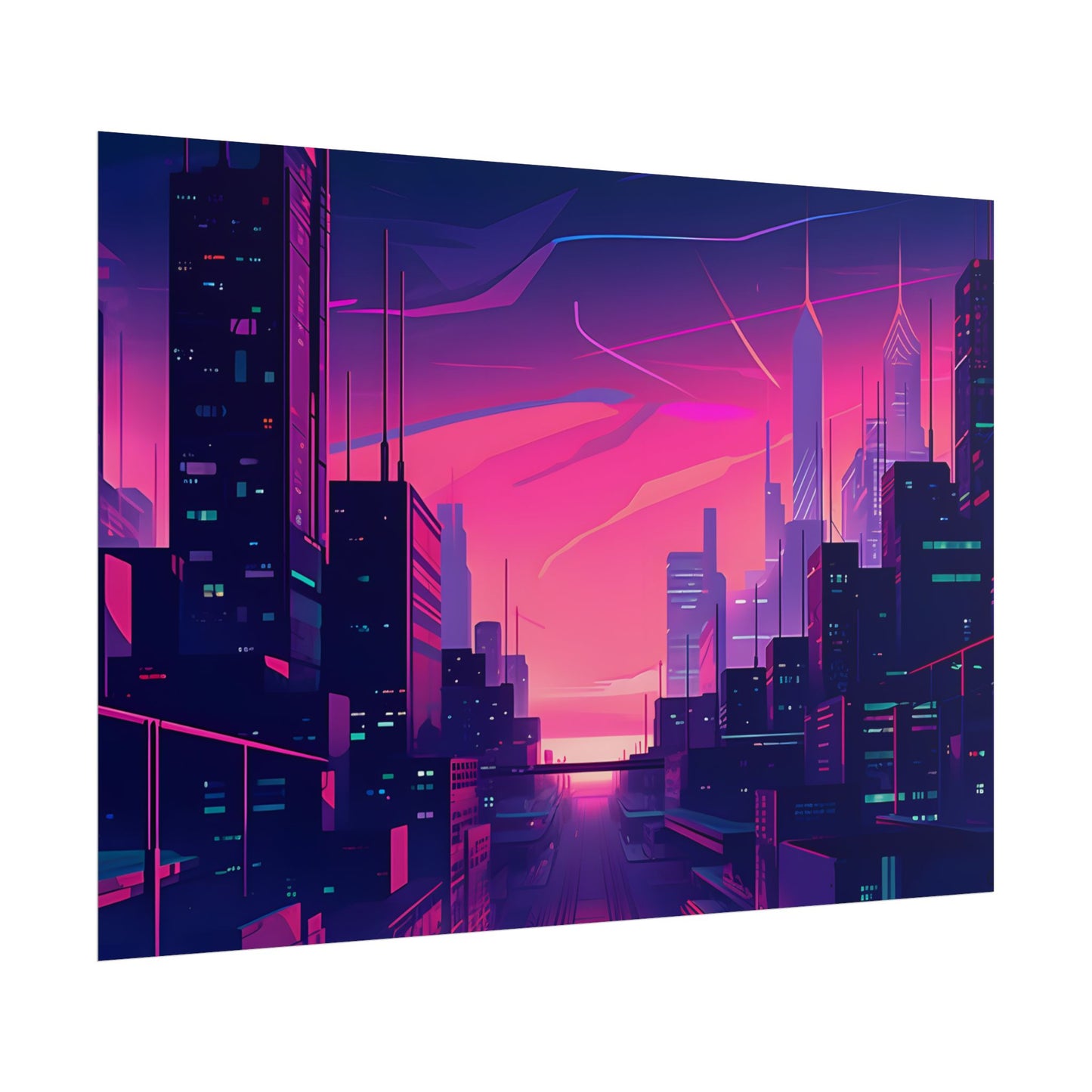 Melancholic Cyberpunk Cityscape: Neon Night Digital Art - Poster