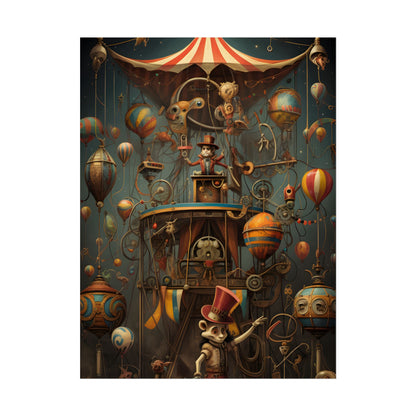 Whimsical Clockwork Circus: Fantastical Wooden Horse in Steampunk Dreamscape - Poster