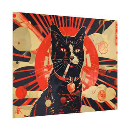 Vintage Whimsy: Cat Smokes Cigarette on Blue Background - Poster