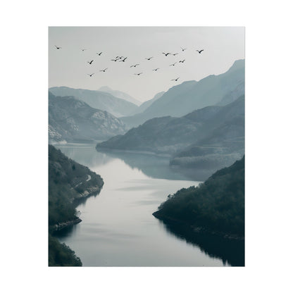 Peaceful Mountain Oasis: Serene Birds Eye View Artwork - Poster