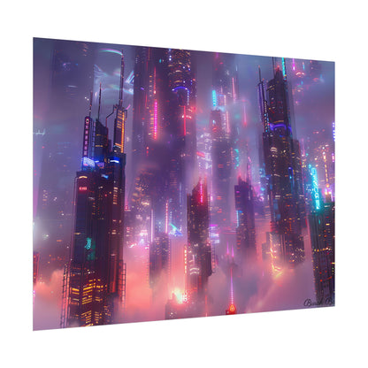 Neon Futuristic Cityscape: Graphic Modern Art - Poster