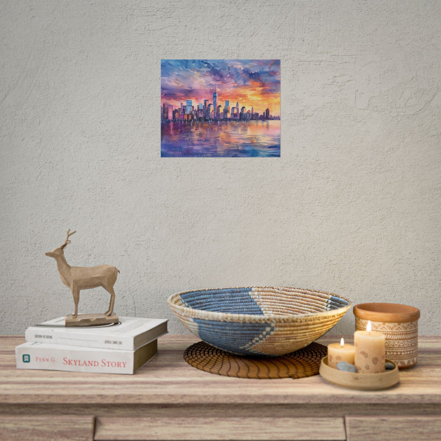 Serene NYC Sunset: Watercolor Skyline Reflections - Poster