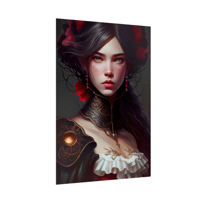 Elegant Black Hair Portrait in White Dress - Poster