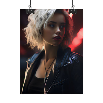 Cyberpunk Blonde: Closeup Portrait in Neon Hues - Poster