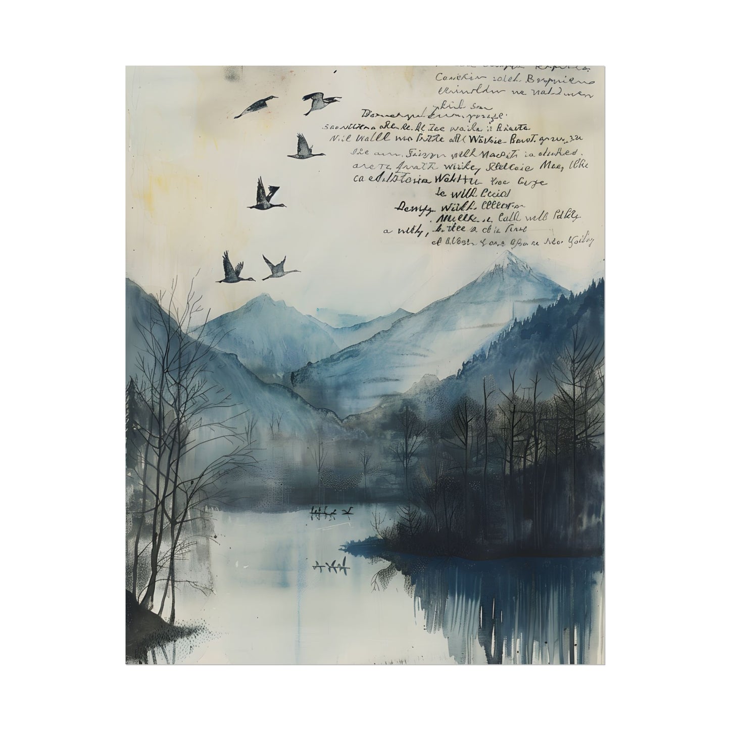 Nature's Serenity: Mountain Lake Birds in Flight Artwork - Poster