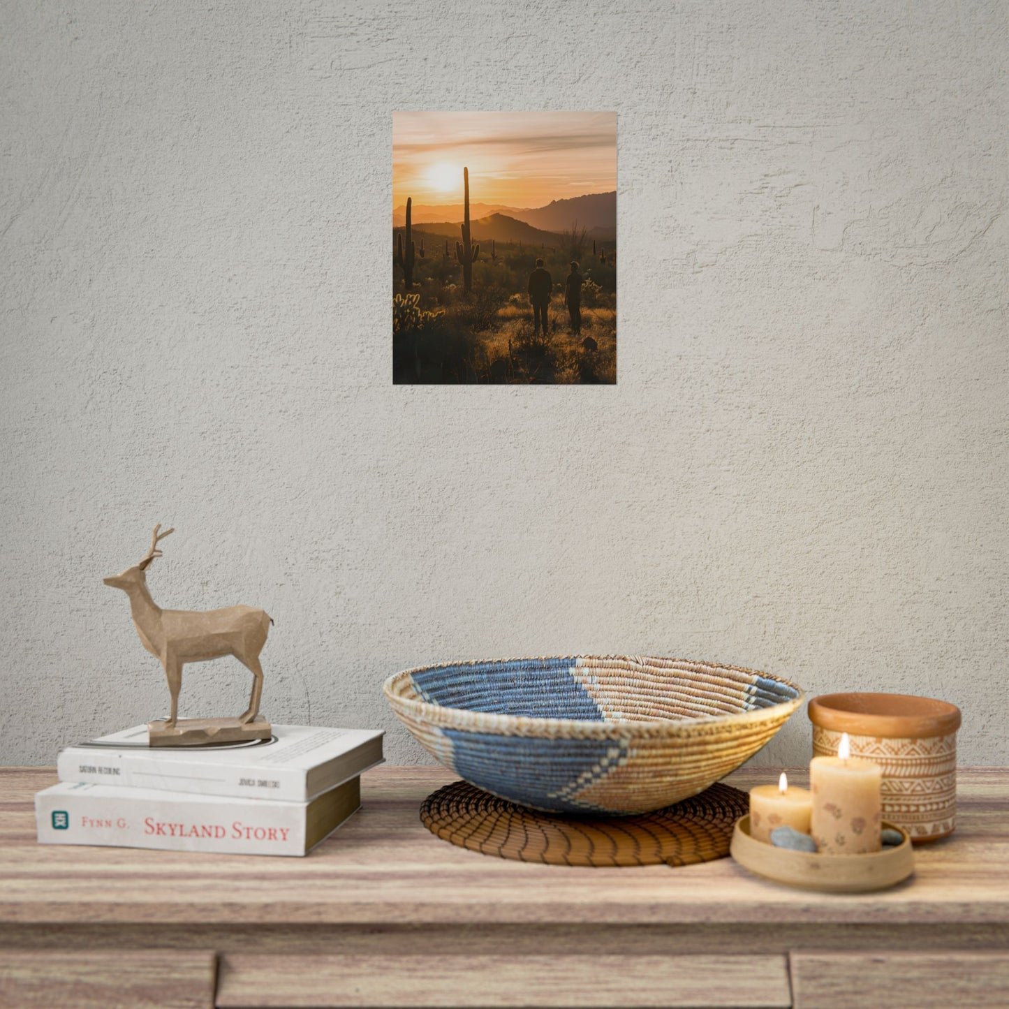 Desert Sunset Serenity: Two Friends Standing Together - Poster