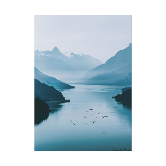 Serene Mountain Lake: Vibrant Birds Eye View Art - Poster