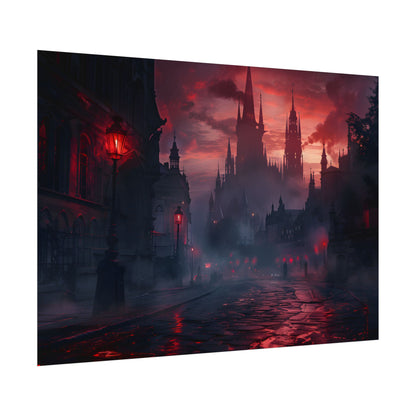 Gothic City Dusk: Pointed Arches and Misty Atmosphere - Poster
