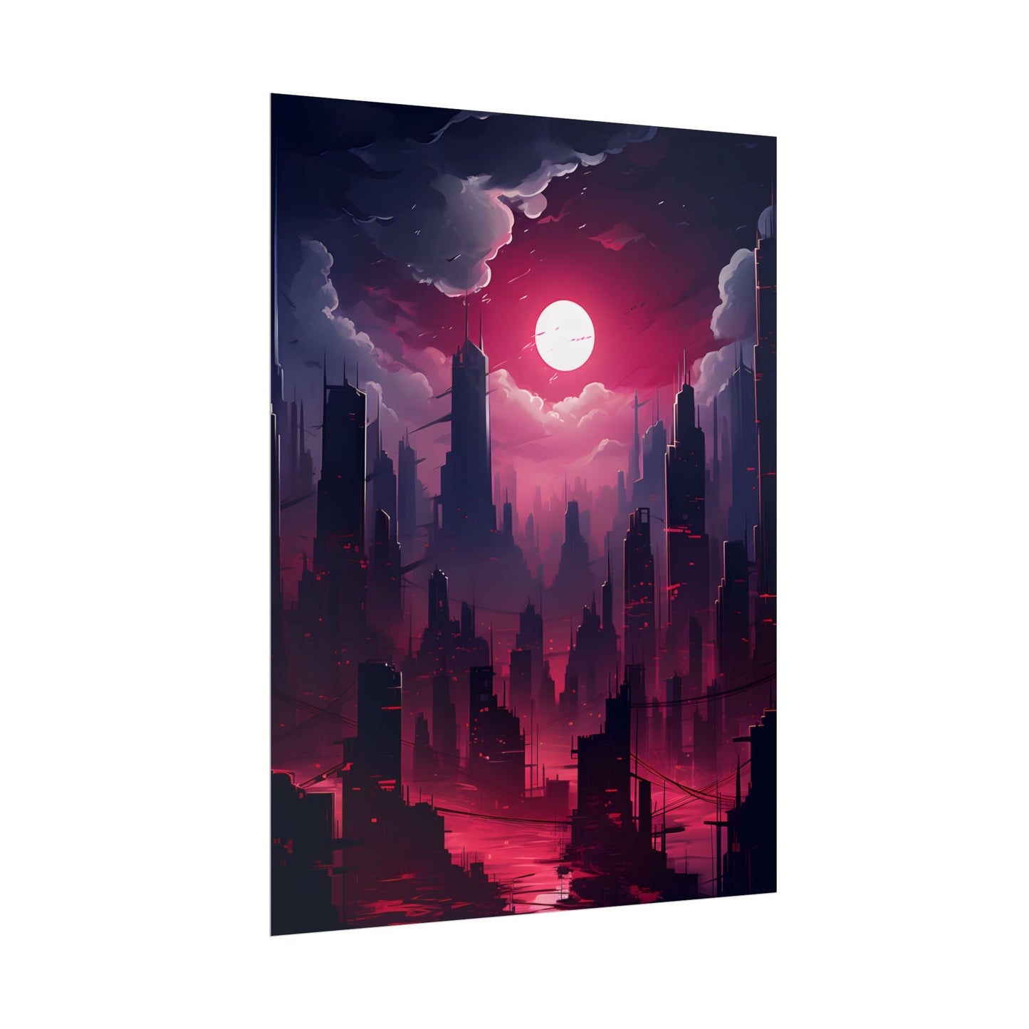 Burning Cyberpunk Cityscape: Digital Artwork at Night - Poster
