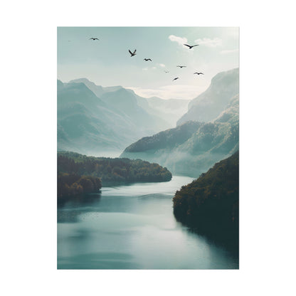 Explore Serene Mountains and Lake: Aerial Perspective Digital Art - Poster