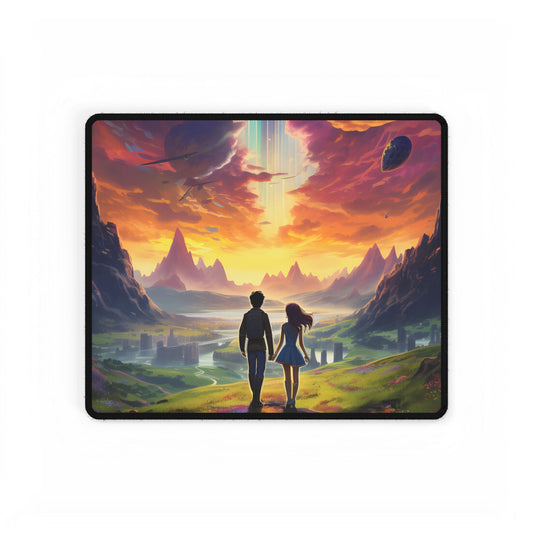 Serene Cloudy Meadow: Girl & Boy on Hill - Desk Mat
