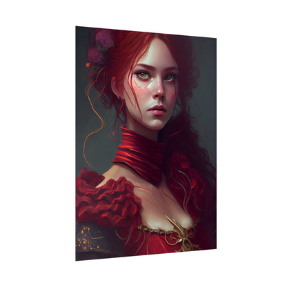 Vibrant Redhead Portrait: Female Artwork in Red Dress - Poster