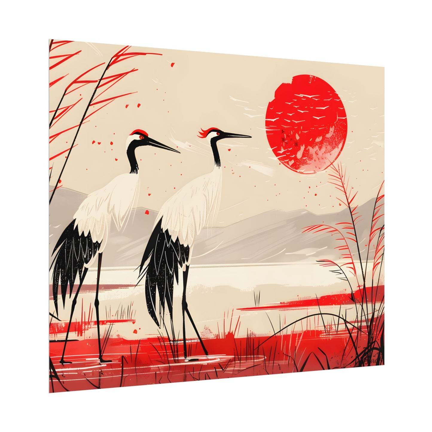 Peaceful Cranes in Serene Nature: Landscape Artwork - Poster