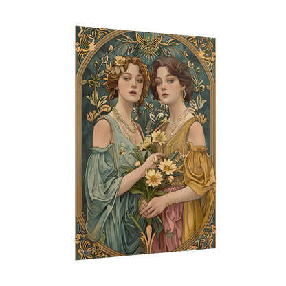 Two Women in Ornate Attire Holding Primr: Traditional Turkish Artwork - Poster