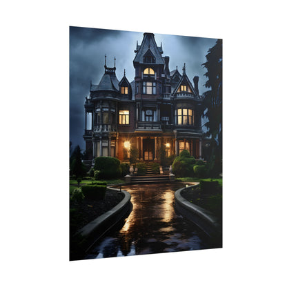 Haunted Victorian Mansion: Spooky Stormy Night Art - Poster