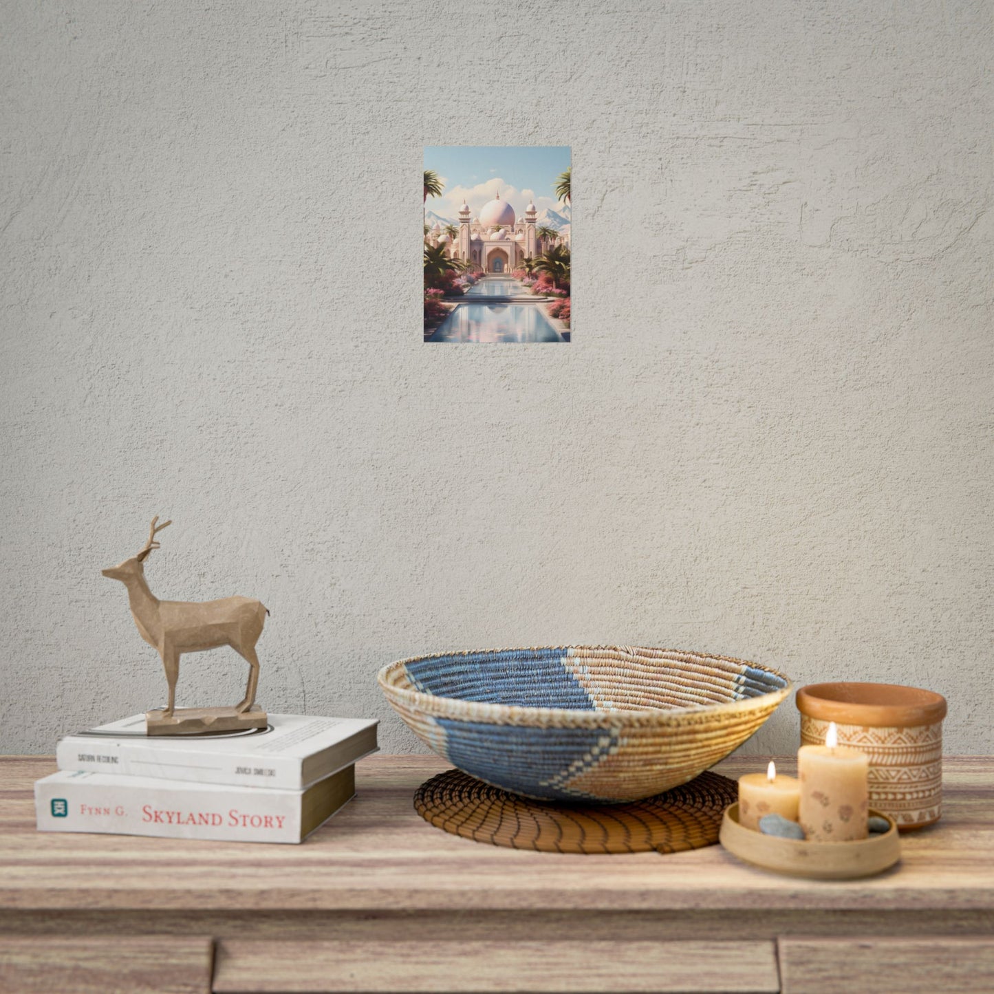 Serene Arabian Desert Oasis: Camels in a Palm Tree Landscape - Poster