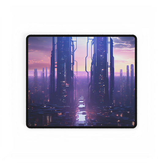 Cyberpunk Dystopia: Dark Cityscape Digital Art - Desk Mat