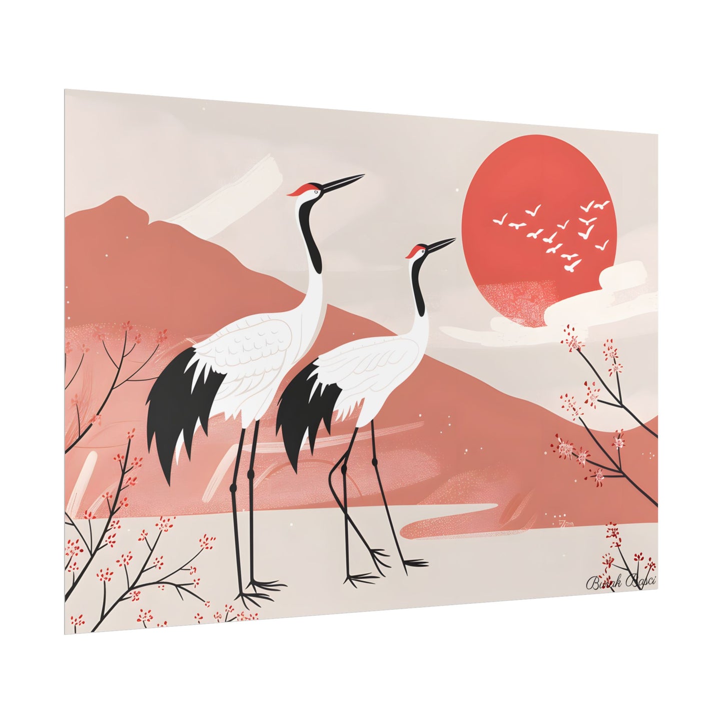 Serene Landscape with Cranes: Peaceful Nature Art - Poster