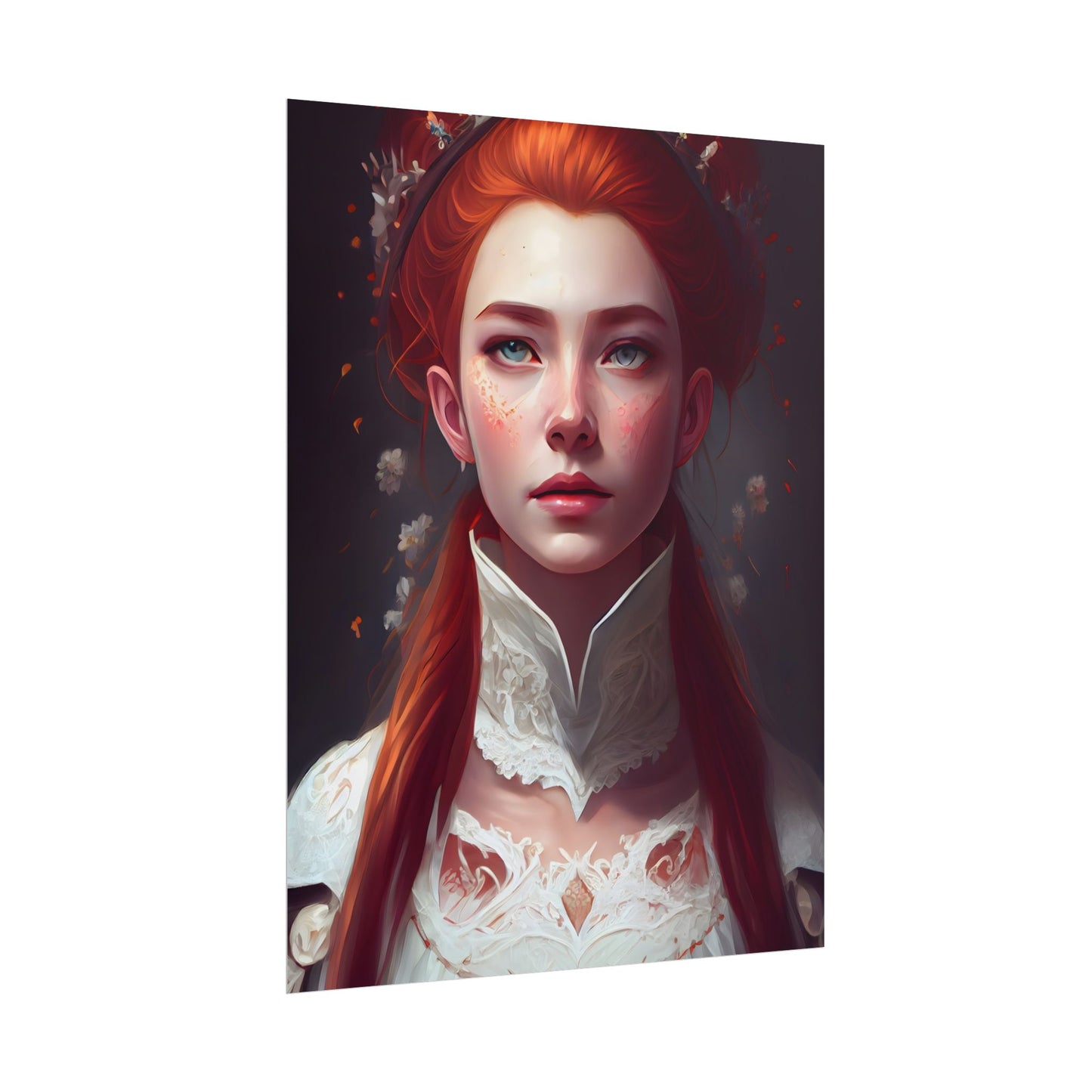 Soft Glow Redhead Portrait: Elegant Female Artwork in Dress - Poster