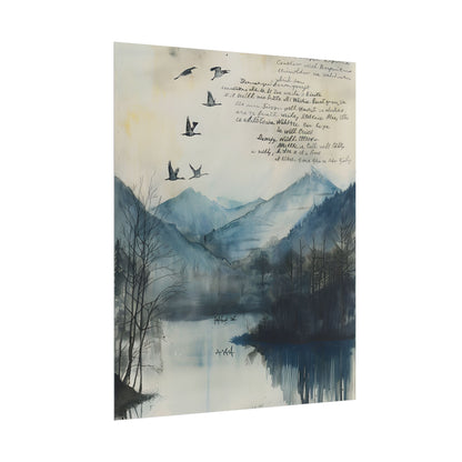 Nature's Serenity: Mountain Lake Birds in Flight Artwork - Poster