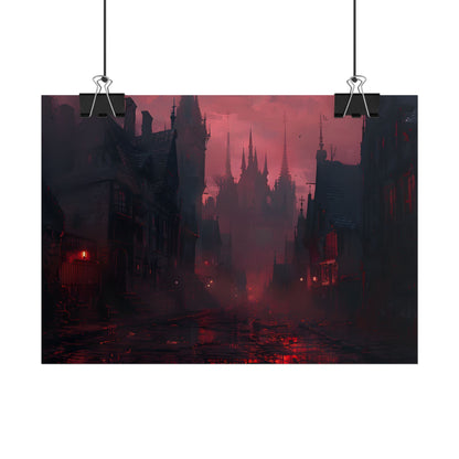 Dark Gothic Cityscape: A Serene Misty Dusk Scene - Poster