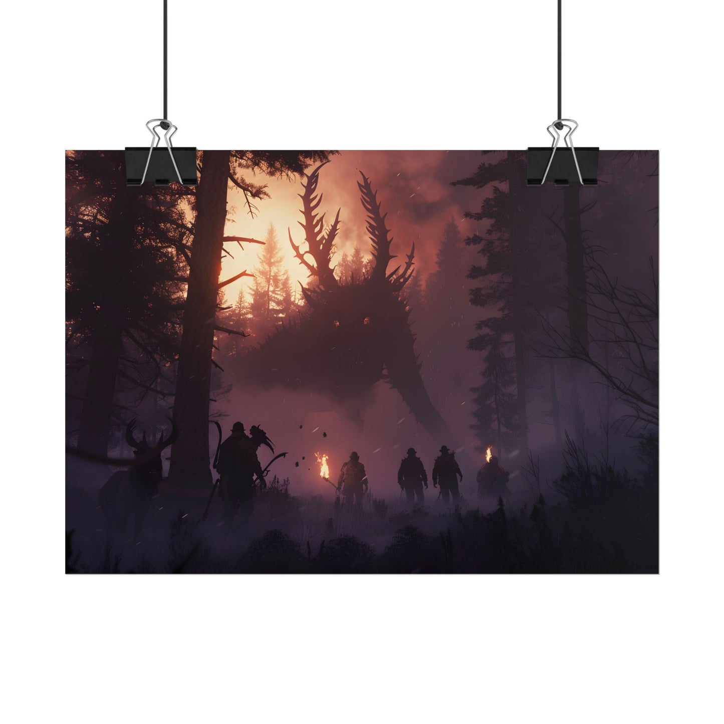 Serene Forest Sunset: Group Walking Through Misty Landscape - Poster