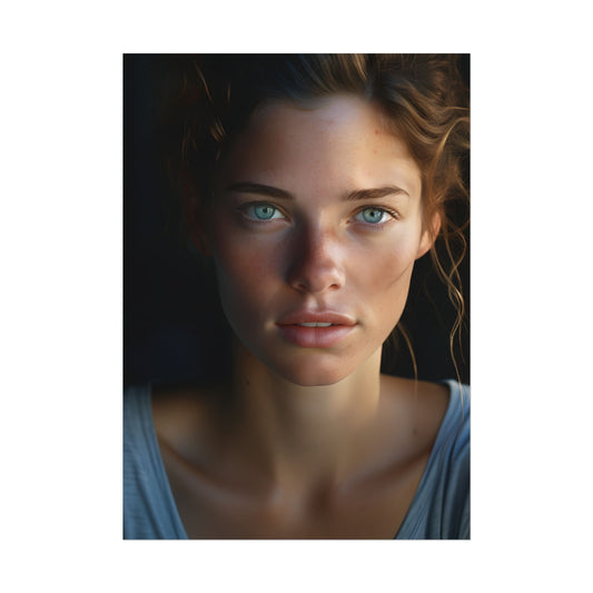 Close-Up Portrait: Grinning Woman with Sharp Light Brown Eyes - Poster