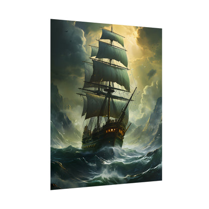 Green Realism: Majestic Ship Oil Painting - Poster