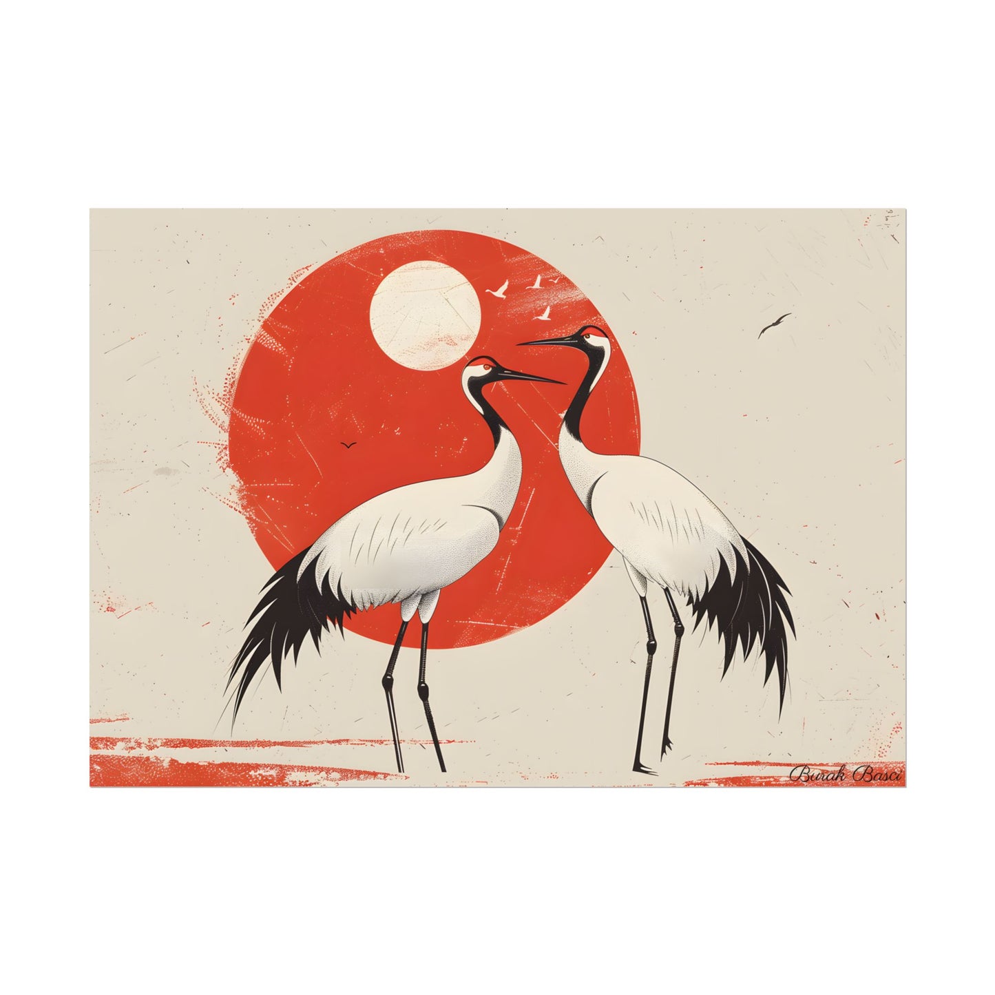 Serene Wildlife Sanctuary: Cranes in Red Nature Scene Art - Poster