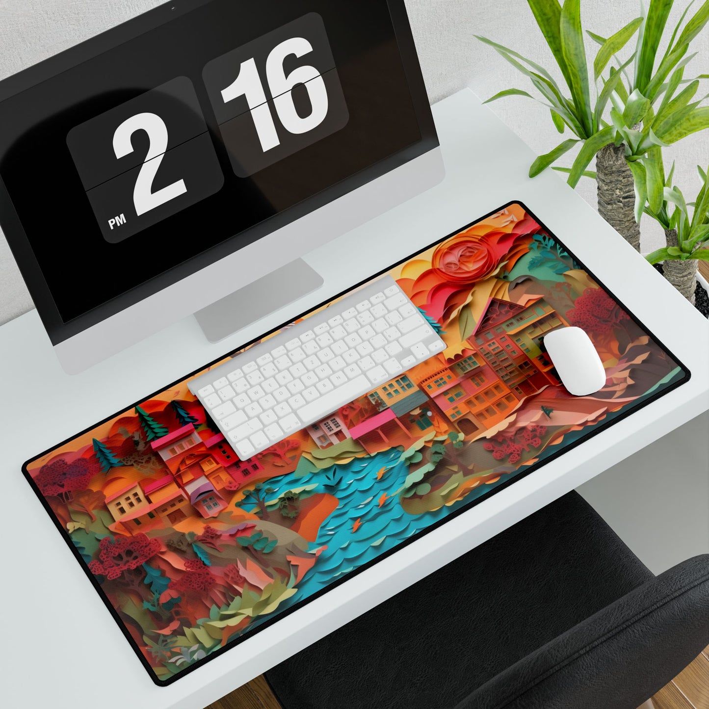 Magical Beach Quill: Vibrant Paper Art of Tropical Paradise - Desk Mat