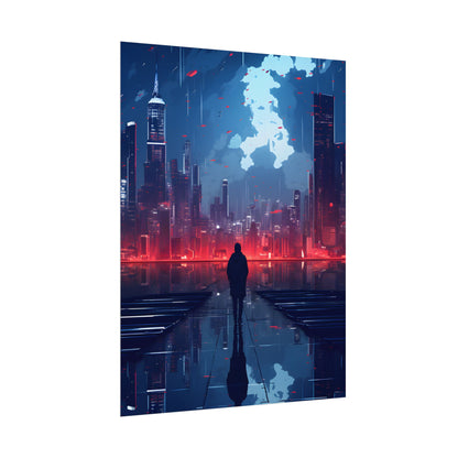 Cyberpunk Night Cityscape: A Melancholic Moment - Poster