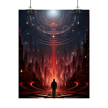 Futuristic Cityscape: Neon Sky Meets Nature's Harmony - Poster