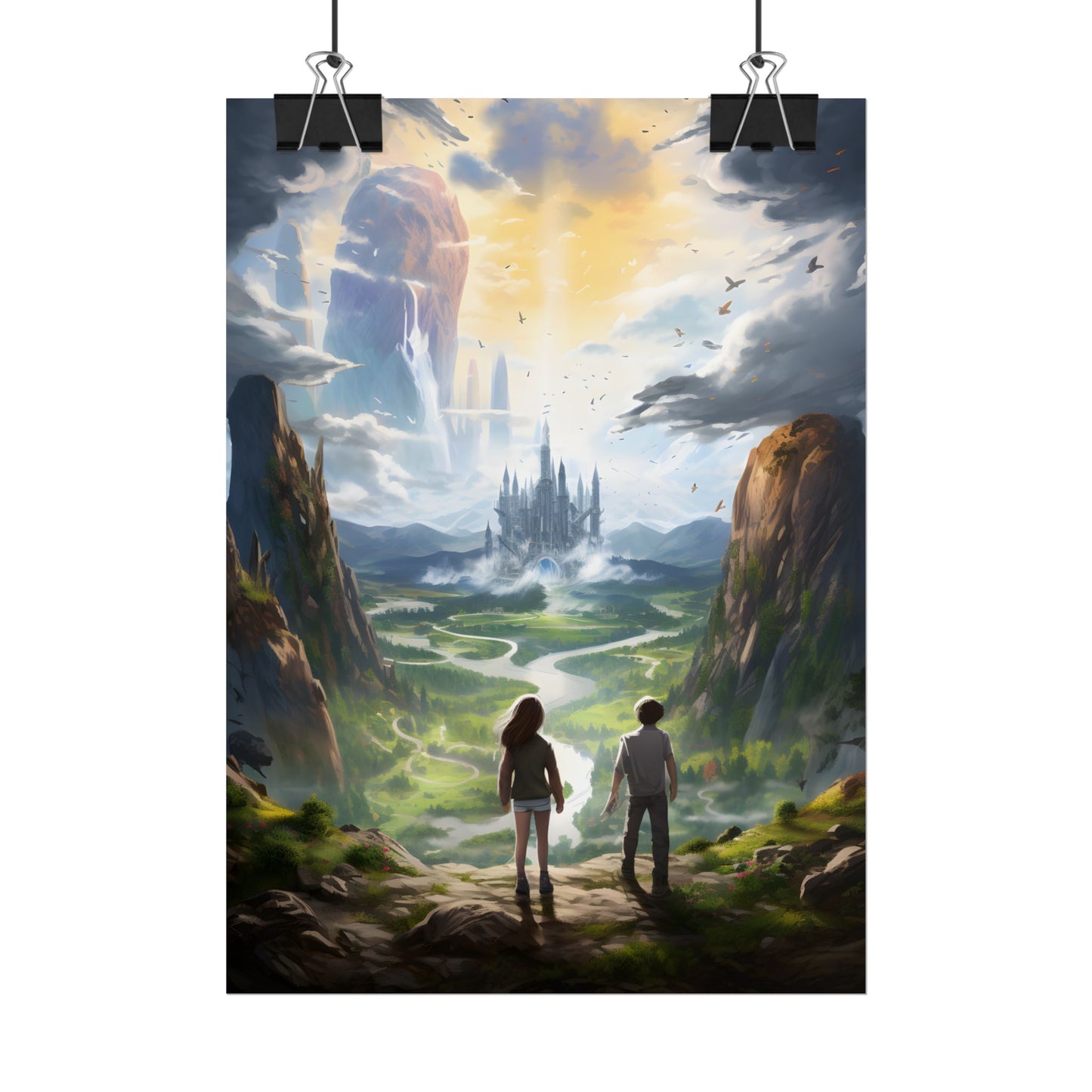 Girl and Boy in Serene Meadow: A Moment on Cloudy Hill - Poster