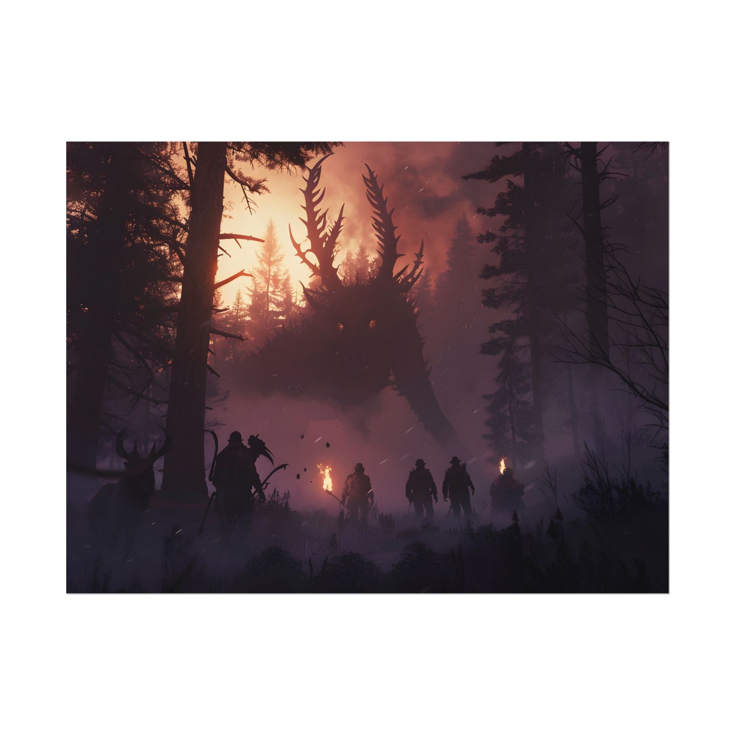 Serene Forest Sunset: Group Walking Through Misty Landscape - Poster