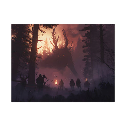 Serene Forest Sunset: Group Walking Through Misty Landscape - Poster