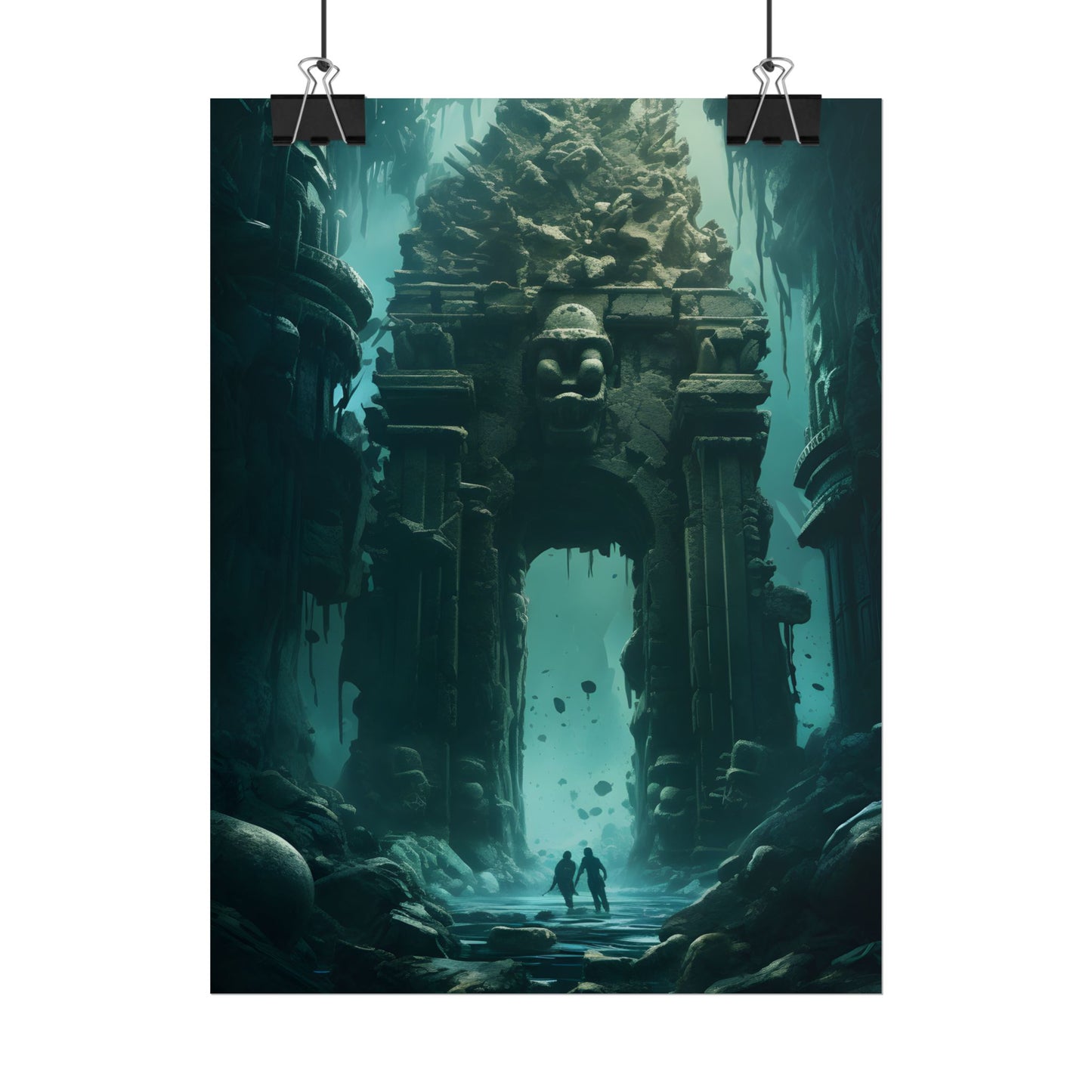 Lost Underwater Ancient City: Mysterious Blue Hues Art - Poster