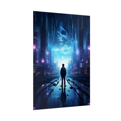Cyberpunk Cityscape at Night: Melancholic Landscape Digital Art - Poster