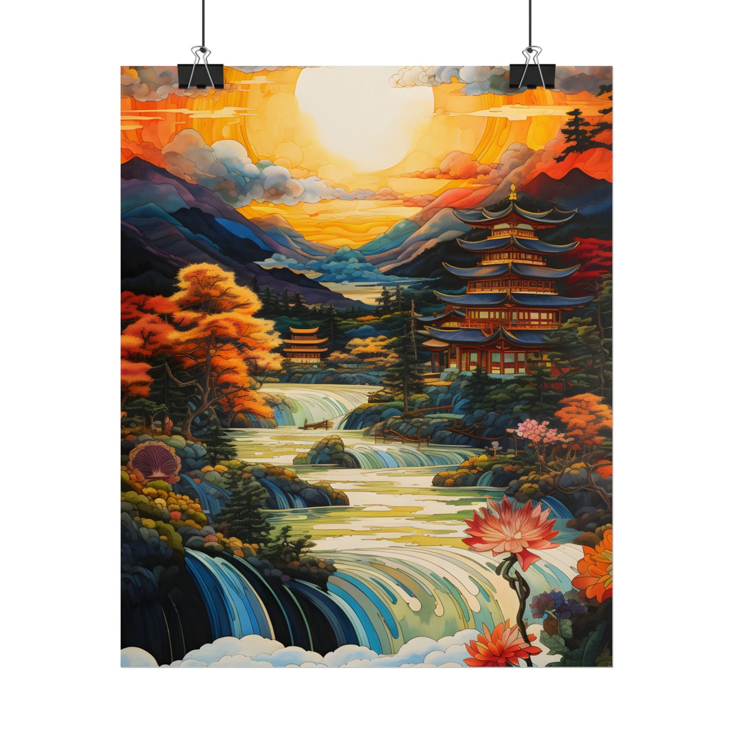 Peaceful Japanese River Landscape with Flowers: Serene Artwork - Poster