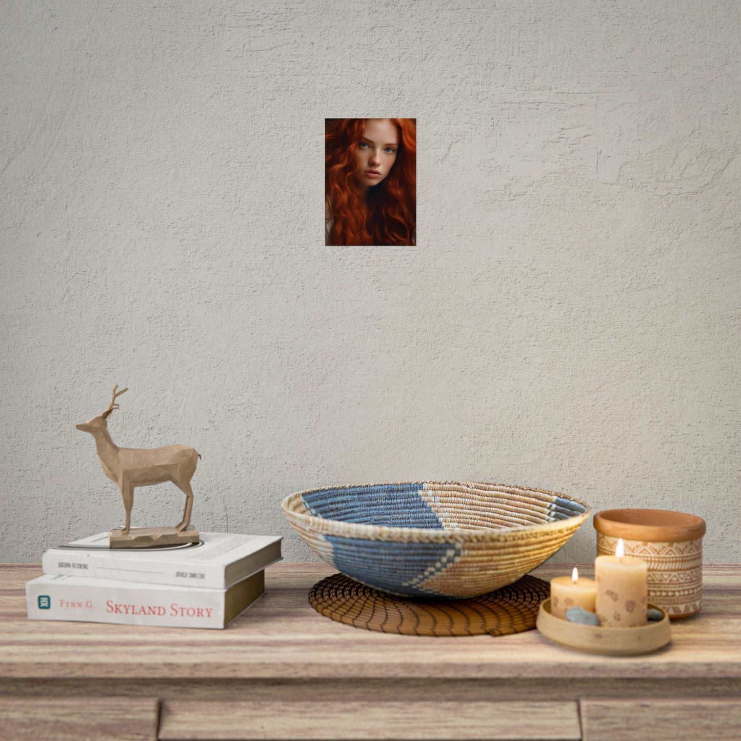 Feminine Portrait: Redheaded Woman in Light Blue - Poster
