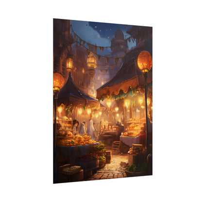 Magical Street Food Market: A Colorful Nighttime Scene - Poster